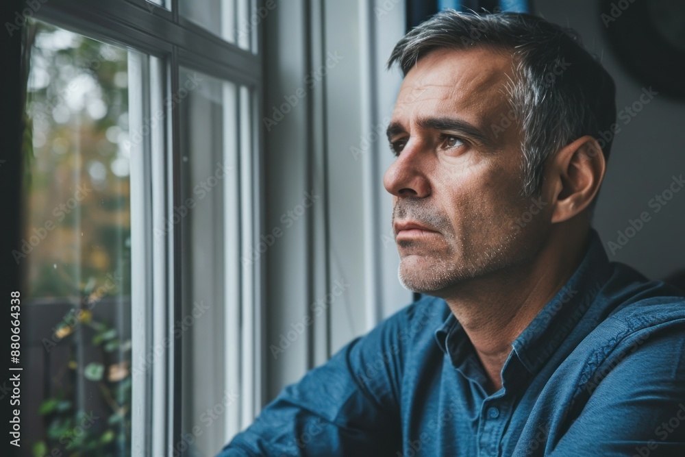 A man looking thoughtful as he gazes out of a window A man looking thoughtful as he gazes out of a window