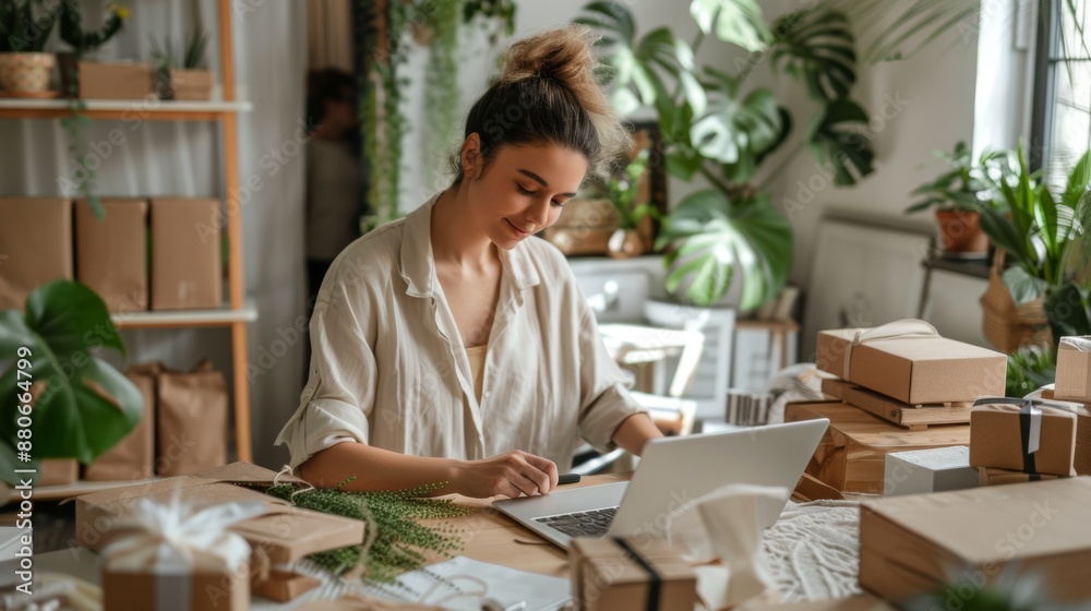 Woman is working at warehouse for online store, packaging products and working on a laptop,. Woman is working at warehouse for online store, packaging products and working on a laptop,.