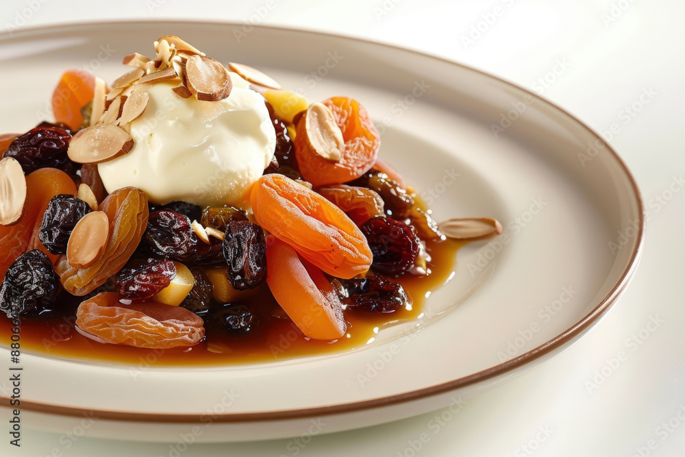 Mouthwatering Dried Fruit Compote with Creamy Frozen Yogurt and Toasted Almonds Mouthwatering Dried Fruit Compote with Creamy Frozen Yogurt and Toasted Almonds