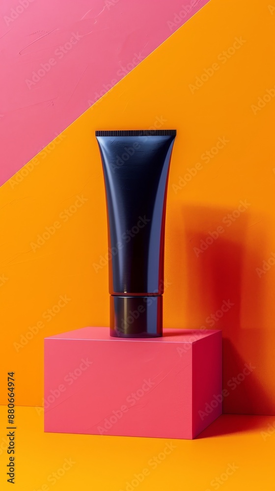 A tube of makeup is sitting on a pink and orange block A tube of makeup is sitting on a pink and orange block