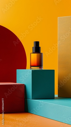 A bottle of perfume is displayed on a blue pedestal in front of a red square