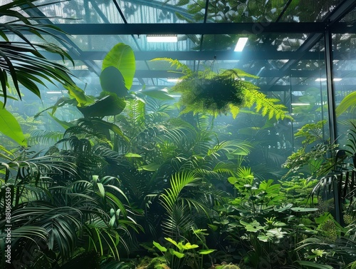 lush indoor jungle with rare tropical plants bioluminescent leaves glowing softly mistshrouded glass terrarium in futuristic ecohome photo