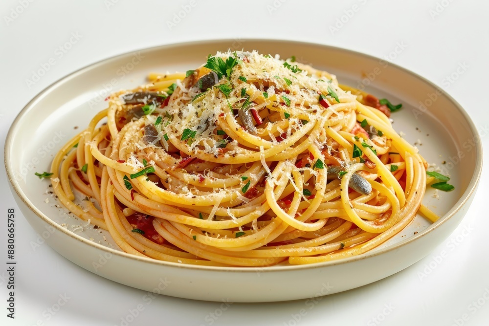 Vibrant Spaghetti Feast with Portobello Mushrooms and Parmesan Cheese Vibrant Spaghetti Feast with Portobello Mushrooms and Parmesan Cheese