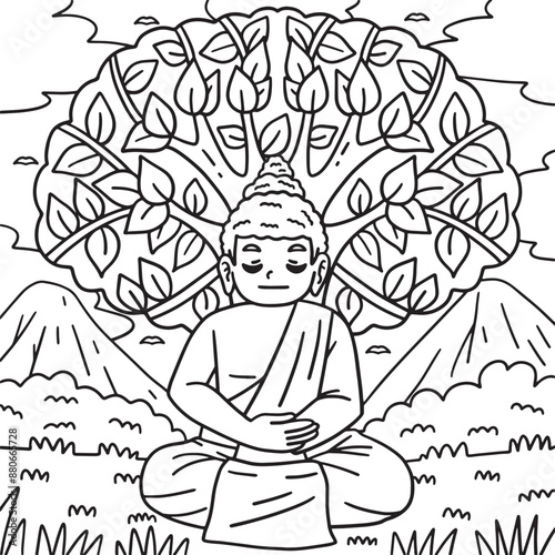 Buddhism Buddha Under Bodhi Tree Coloring Page 