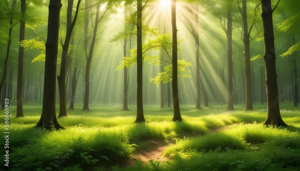 Obraz premium Beautiful spring forest with sun rays background