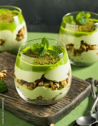 Encased in a charming, round glass, this delectable Japanese dessert presents a harmonious blend of matcha's vibrant green hue and the creamy indulgence of whipped cream, photo