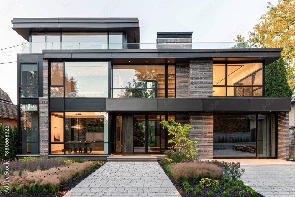 A high-angle view of a modern home featuring sleek black aluminum doors and expansive windows. The minimalist design features a brick facade and a landscaped front yard A high-angle view of a modern home featuring sleek black aluminum doors and expansive windows. The minimalist design features a brick facade and a landscaped front yard
