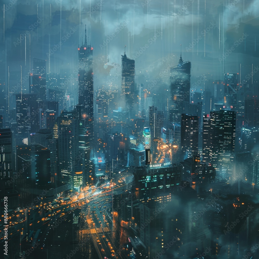 Digital Art of Futuristic City Skyline in Heavy Rain, Creating Cool Tones and Misty Atmosphere Digital Art of Futuristic City Skyline in Heavy Rain, Creating Cool Tones and Misty Atmosphere
