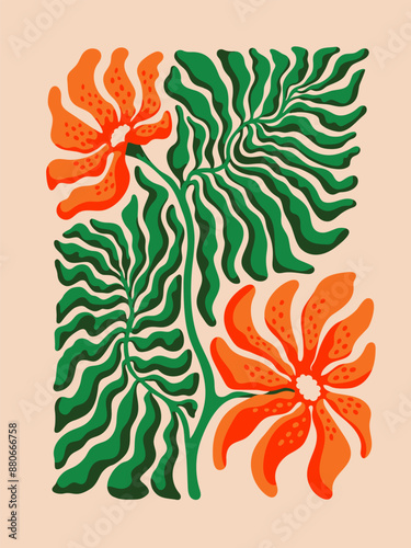 Floral Abstract contemporary poster. Groovy Modern style art