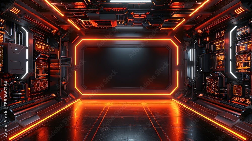 A large black rectangular screen in the middle. The overall design is simple futuristic, featuring orange and black neon lights and a three-dimensional effect. Generative AI. A large black rectangular screen in the middle. The overall design is simple futuristic, featuring orange and black neon lights and a three-dimensional effect. Generative AI.
