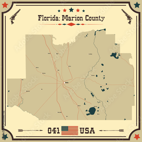 Large and accurate map of Marion County, Florida, USA with vintage colors.