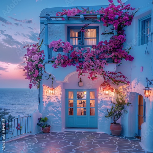 Fototapeta Naklejka Na Ścianę i Meble -  white house with pink flowers and the sea behind it