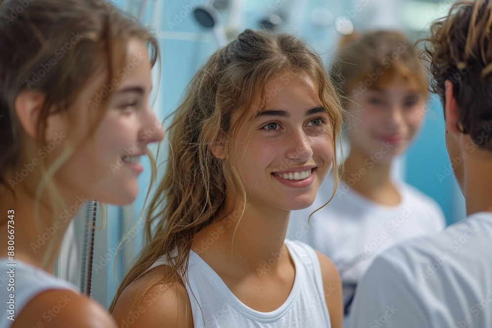 A group of happy teenagers talking and smiling warmly together, wearing casual white outfits, likely having a friendly conversation or enjoying each other's company. A group of happy teenagers talking and smiling warmly together, wearing casual white outfits, likely having a friendly conversation or enjoying each other's company.