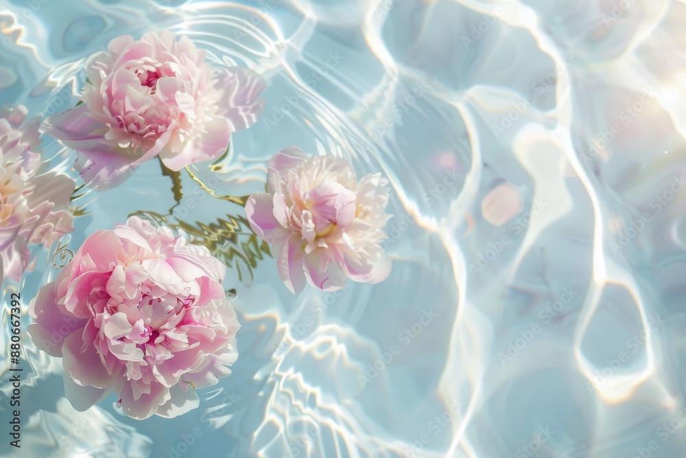 A trio of pink peonies float gently on the surface of rippling water, bathed in sunlight. The flowers are delicate and soft, creating a sense of tranquility and beauty A trio of pink peonies float gently on the surface of rippling water, bathed in sunlight. The flowers are delicate and soft, creating a sense of tranquility and beauty