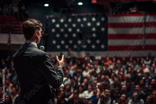 A politician delivers a speech to an attentive crowd with an American flag in the background, emphasizing leadership and patriotism. Generated AI