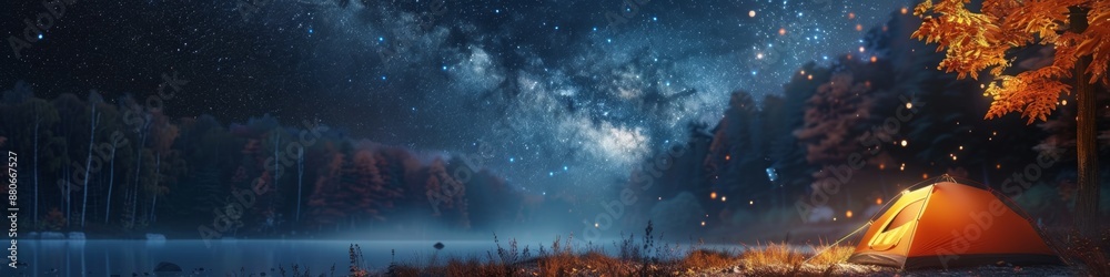 Fototapeta premium Abstract Wallpaper of a Starry Autumn Night with Tents Under the Sky, Capturing the Tranquility and Beauty of Nature, Perfect for High-Resolution Backgrounds and Bestselling Art