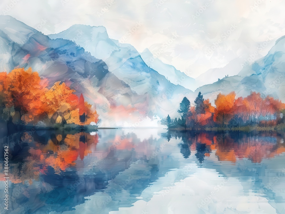 majestic autumnal landscape misty mountains vibrant fall foliage serene lake reflection watercolorstyle rendering ethereal atmosphere majestic autumnal landscape misty mountains vibrant fall foliage serene lake reflection watercolorstyle rendering ethereal atmosphere