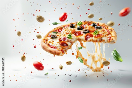 Mouth-watering pizza slice with melted cheese and various toppings flying around, evoking culinary delights. Generated AI