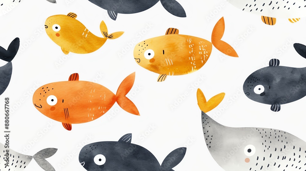 Cute seamless pattern with cartoon fish in various colors, perfect for kids' designs, wallpapers, and textiles. Cute seamless pattern with cartoon fish in various colors, perfect for kids' designs, wallpapers, and textiles.