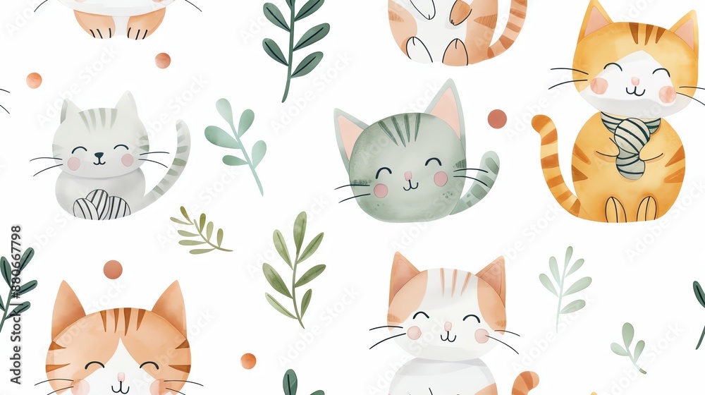 Naklejka premium Seamless pattern with cute watercolor cats and botanical leaves, perfect for children's designs, fabrics, and wallpapers.