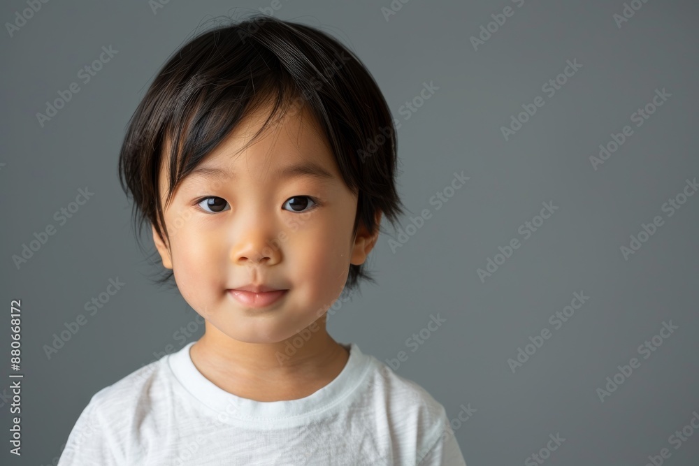 A young Asian child with short, black hair is wearing a white t-shirt and looking directly at the camera. The child is in a studio setting with soft, natural light A young Asian child with short, black hair is wearing a white t-shirt and looking directly at the camera. The child is in a studio setting with soft, natural light