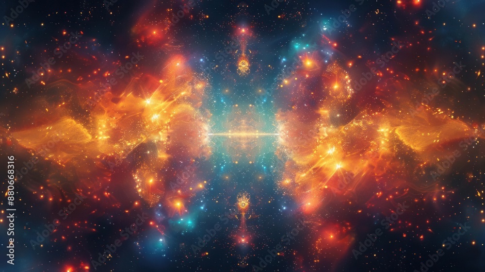 Naklejka premium Spiritual union love of the universe abstract digital art, bright energy, heavenly light, starry background, deep space theme, bright colors, detailed pattern. spiritual connection