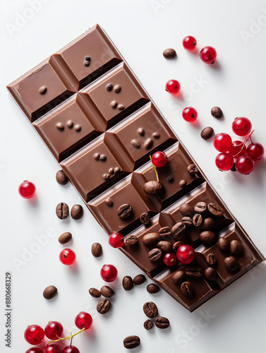 A piece of brown chocolate, decorated with coffee beans and red berries, Valentine's chocolate, sweet, bark chocolate 
