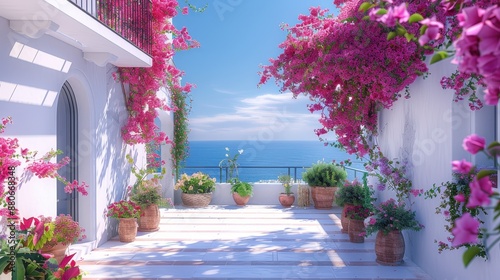 white house with pink flowers and the sea behind it