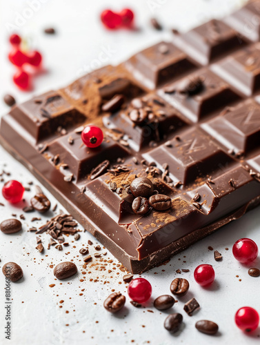 A piece of brown chocolate, decorated with coffee beans and red berries, Valentine's chocolate, sweet, bark chocolate 
