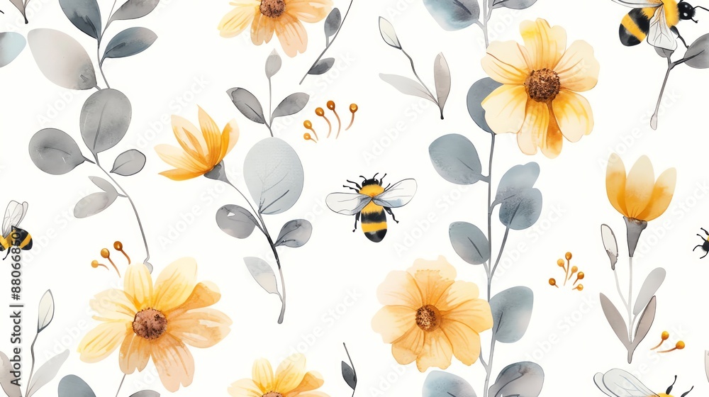 custom made wallpaper toronto digitalSeamless floral pattern with yellow flowers and bees on a white background, perfect for spring and summer designs and fabric prints.