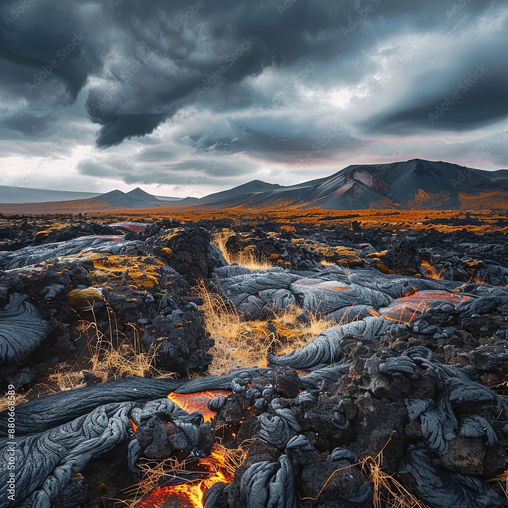 Naklejka premium A scenic view of lava in the Fagradalsfjall volcano in Iceland on cloudy sky background