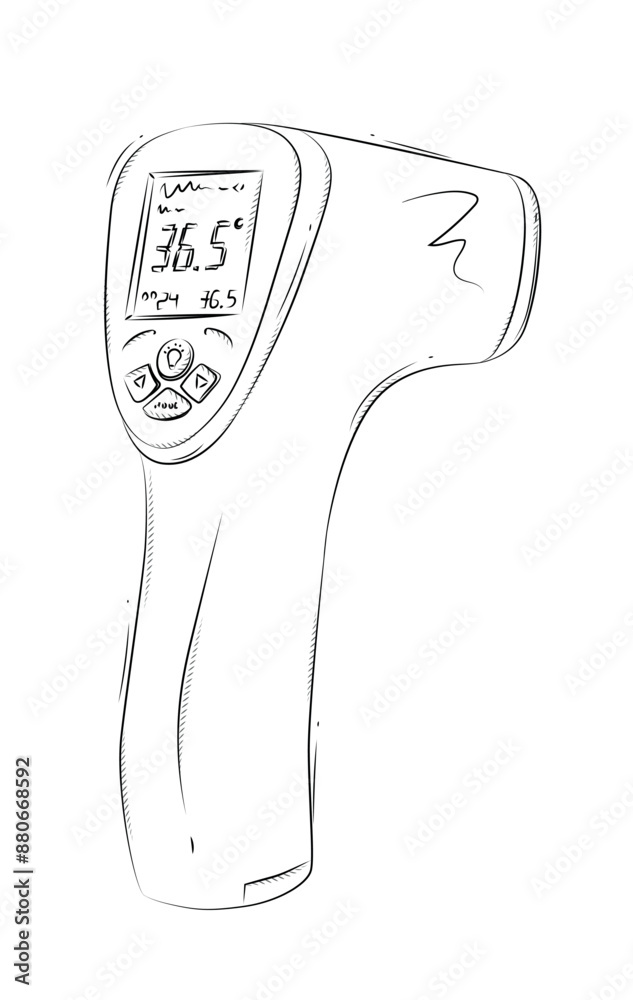 Contactless thermometer for medical purposes drawing in graphic style on white background