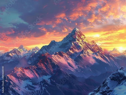 majestic mountain peaks silhouetted against a vibrant sunset sky with warm hues of orange and pink reflecting off snowcapped summits creating a breathtaking panoramic vista