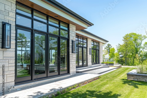 A wide-angle perspective captures the panoramic view of a modern home facade featuring French black aluminum doors and expansive windows © Elmira