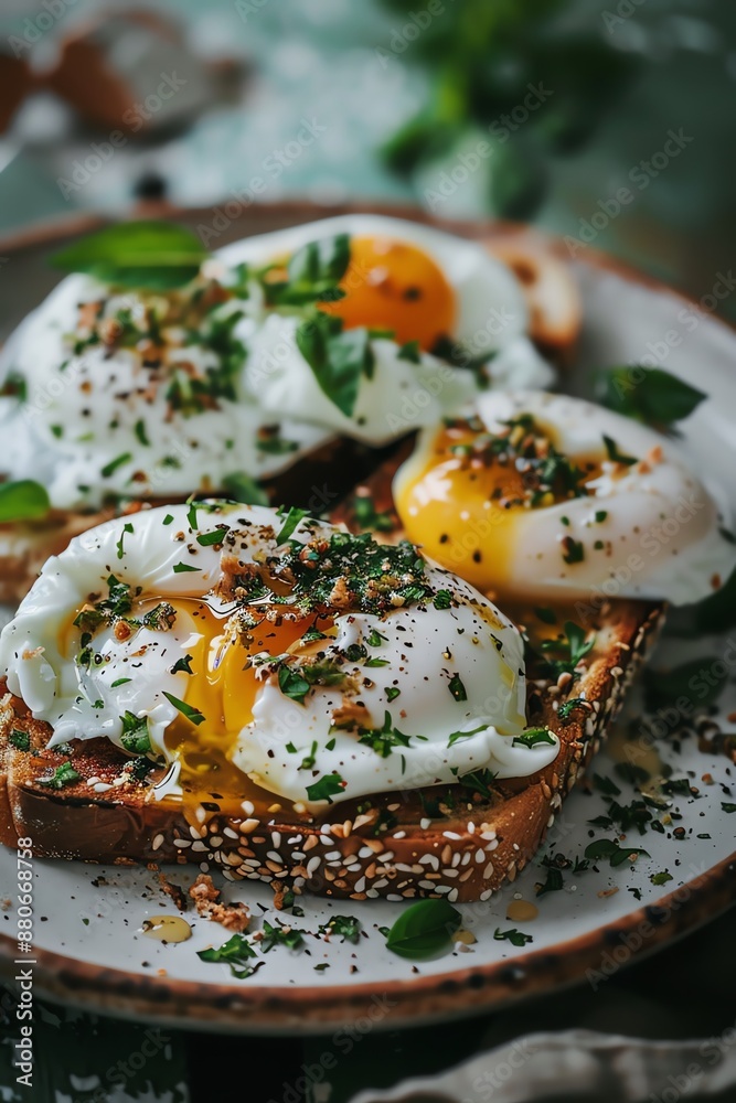 A delicious breakfast of poached eggs on toast with herbs. The perfect way to start your day! A delicious breakfast of poached eggs on toast with herbs. The perfect way to start your day!