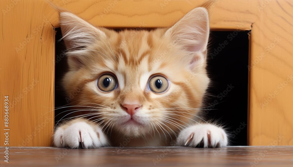 Adorable orange kitten with wide eyes peeking through a small wooden opening, showcasing cuteness and curiosity. Adorable orange kitten with wide eyes peeking through a small wooden opening, showcasing cuteness and curiosity.