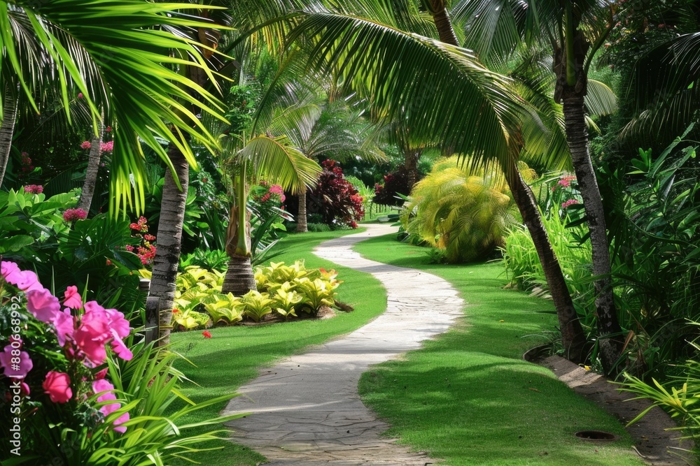 Tropical Garden Alley with Vibrant Flowers and Lush Greenery. Ideal for Park, Hotel, and Summer Travel Tropical Garden Alley with Vibrant Flowers and Lush Greenery. Ideal for Park, Hotel, and Summer Travel