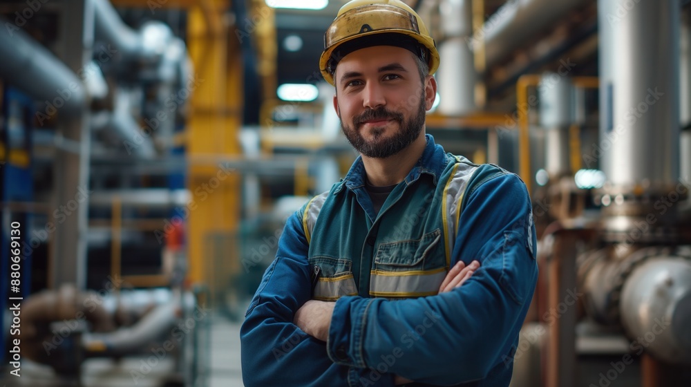 Industrial worker in overalls helmet standing with his arms crossed inside factory's bustling hall adorned by pipes machinery Industrial worker in overalls helmet standing with his arms crossed inside factory's bustling hall adorned by pipes machinery