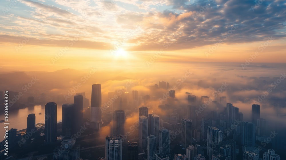 Fototapeta premium Sun rises over city casting long shadows on skyscrapers rivers mist hovers above creating ethereal atmosphere High angle perspective