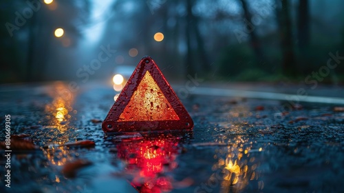 A rainy evening scene captures a reflective wet road in a forest with blurred background lights and a red triangular warning sign placed on the ground