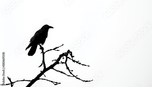 A lone crow sits on a branch against a white background. The crow is looking to the right. The image is in silhouette.