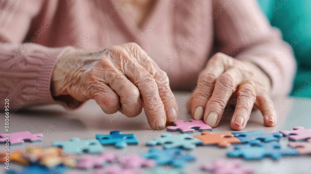 Close-up of elderly hands assembling colorful puzzle pieces, symbolizing mental activity and dexterity in seniors. Close-up of elderly hands assembling colorful puzzle pieces, symbolizing mental activity and dexterity in seniors.