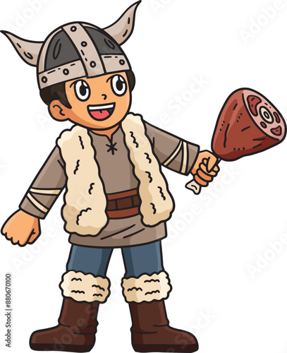 Viking Holding Meat Cartoon Colored Clipart 