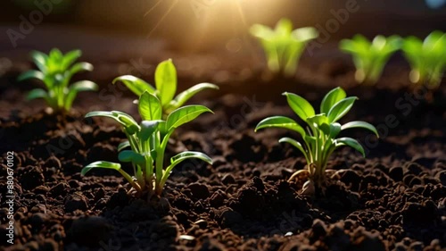 Several small green plants are growing out of brown soil with the sun shining brightly in the background.