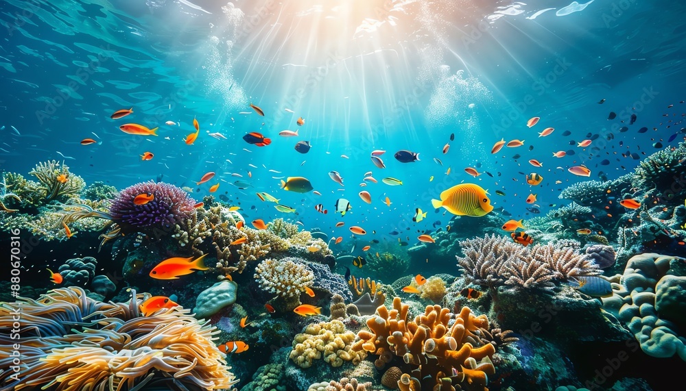 A beautiful and vibrant coral reef with a variety of fish swimming around. The water is crystal clear and the sun is shining brightly overhead. A beautiful and vibrant coral reef with a variety of fish swimming around. The water is crystal clear and the sun is shining brightly overhead.