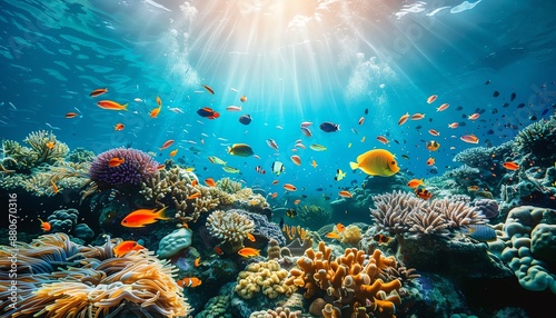 A beautiful and vibrant coral reef with a variety of fish swimming around. The water is crystal clear and the sun is shining brightly overhead.