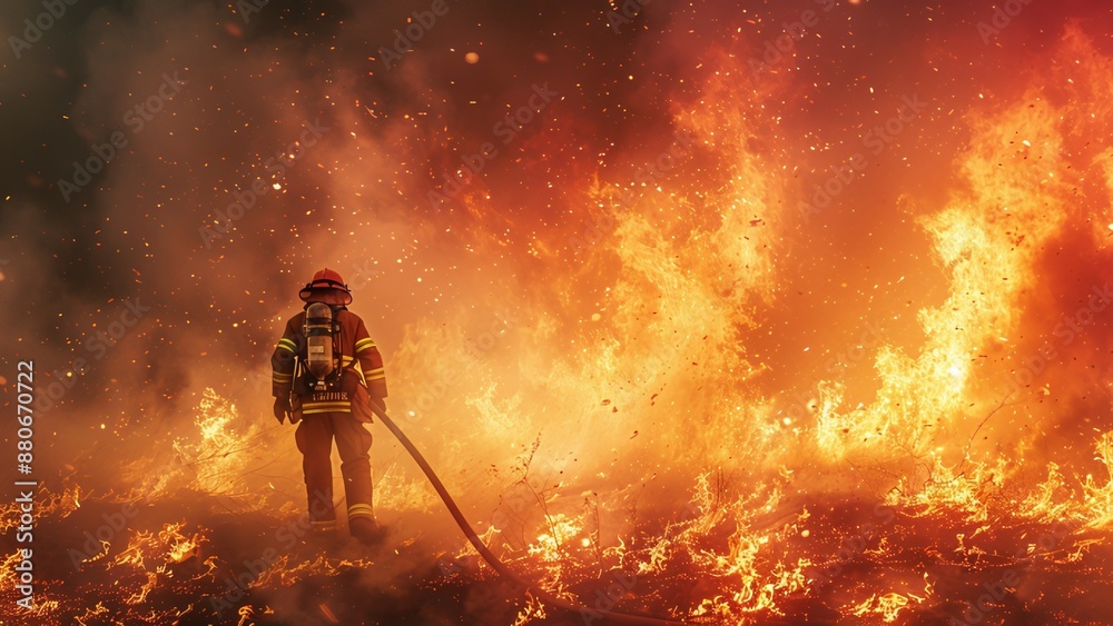 Firefighter with Hose Amidst Intense Wildfire Flames - A Testament to Courage and Bravery Firefighter with Hose Amidst Intense Wildfire Flames - A Testament to Courage and Bravery
