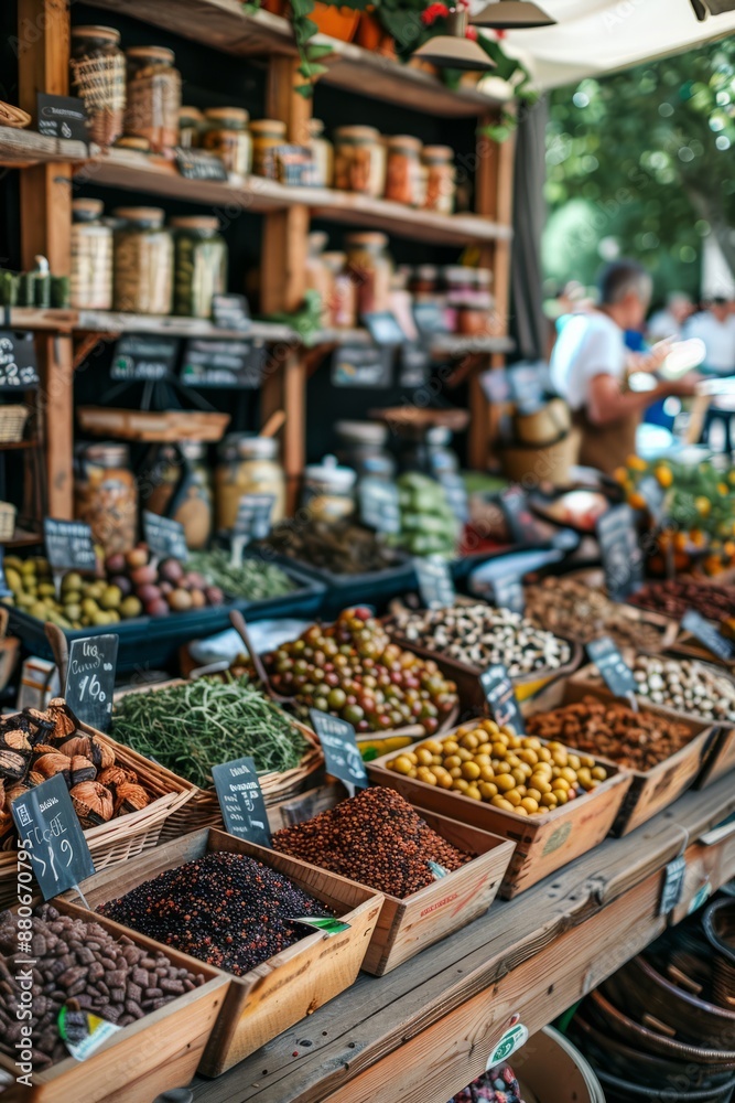 Obraz premium A Vibrant Farmers Market Stall Filled With Fresh Produce and Spices