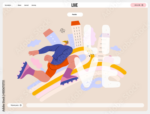 Life Unframed: Roller -modern flat vector concept illustration of a man rollerblading across rainbow. Metaphor of unpredictability, imagination, whimsy, cycle of existence, play, growth and discovery