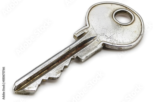 Metal Key. Shiny Metal House Key for Opening Doors in Isolated Background